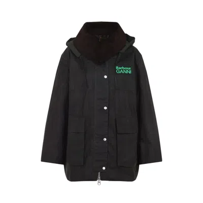 Barbour X Ganni Green Hood Ttn Duffle Wax Cotton Jacket In Black