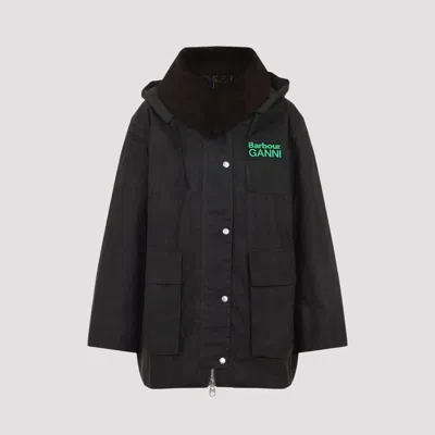 Barbour X Ganni Green Hood Ttn Duffle Wax Cotton Jacket In Black