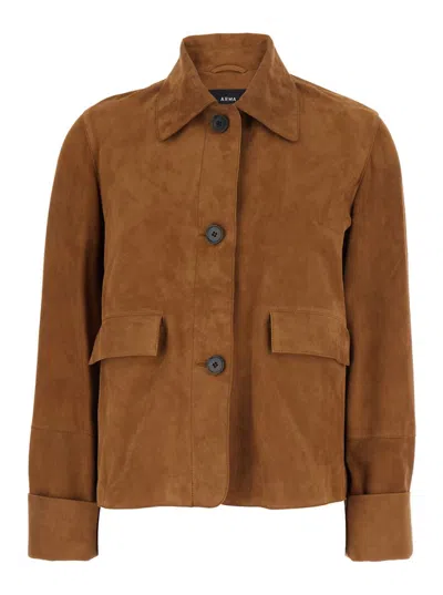 Arma Wide-collared Leather Jacket In Brown