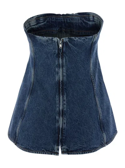 Agolde Lara Strapless Corset Peplum Denim Top In Blue