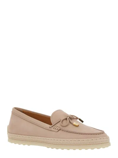Tod's Pink Loafers With Bow Detail And Rope Tirm In Leather Woman In Pink