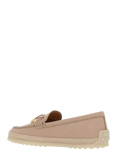Tod's Pink Loafers With Bow Detail And Rope Tirm In Leather Woman In Pink