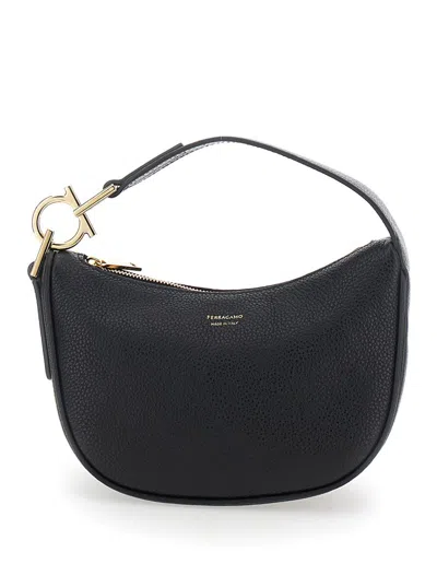 Ferragamo Black Handbag With Top Handle With Gancini And Embossed Logo Lettering On The Front In Grained Leath In Black