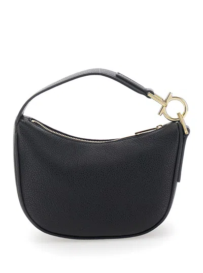 Ferragamo Black Handbag With Top Handle With Gancini And Embossed Logo Lettering On The Front In Grained Leath In Black