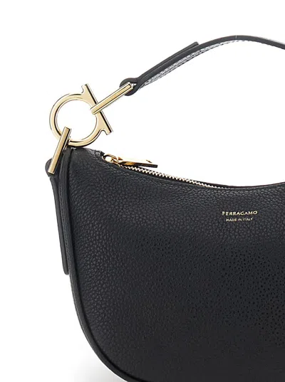 Ferragamo Black Handbag With Top Handle With Gancini And Embossed Logo Lettering On The Front In Grained Leath In Black