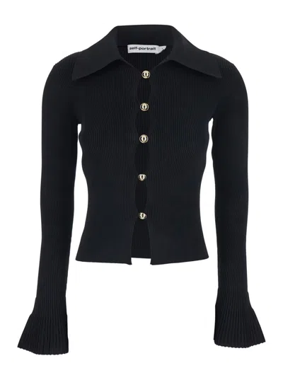 Self-portrait Ribbed-knit Cardigan In Black