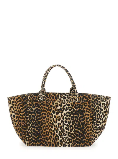 Ganni Brown Tote Bag With Graphic Print On The Front And All-over Leopard Motif In Cotton Woman In Brown