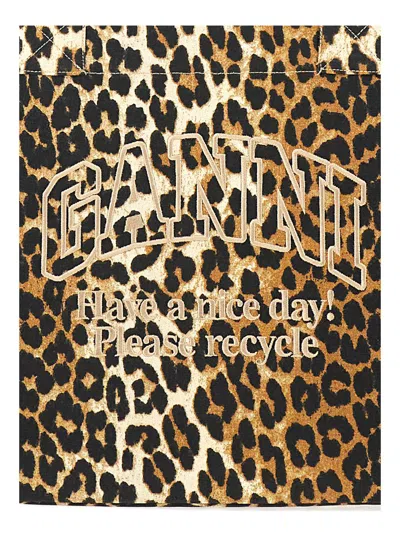 Ganni Brown Tote Bag With Graphic Print On The Front And All-over Leopard Motif In Cotton Woman In Brown
