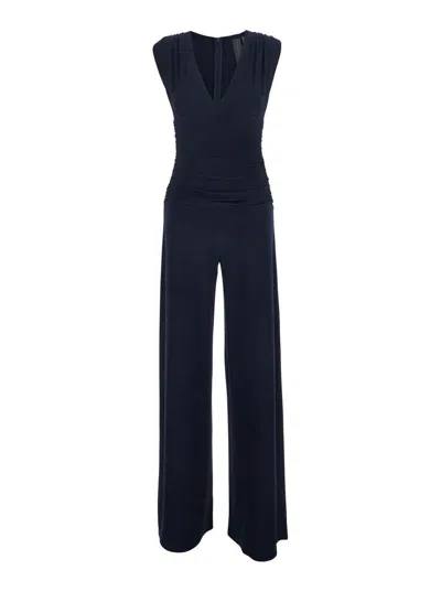 Norma Kamali Sleeveless V Neck Shirred Waist Jumpsuit In Blue