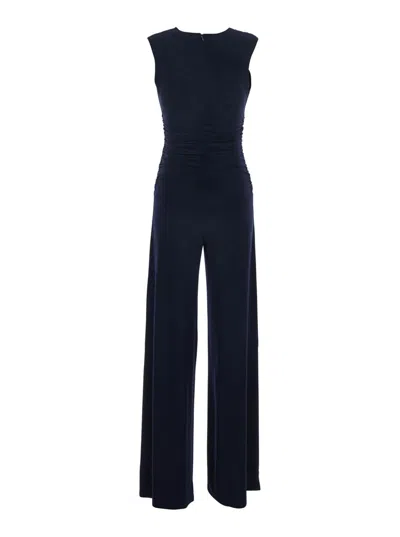 Norma Kamali Sleeveless V Neck Shirred Waist Jumpsuit In Blue