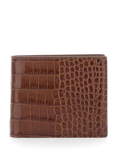 Tom Ford Brown Bi-fold Wallet With Embossed Crocodile Effect In Leather Man In Brown