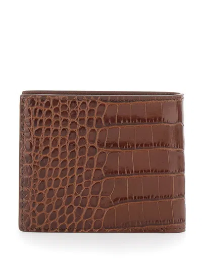 Tom Ford Brown Bi-fold Wallet With Embossed Crocodile Effect In Leather Man In Brown