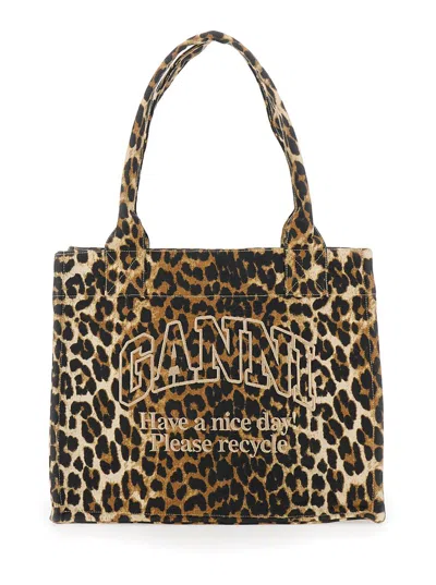Ganni Brown Tote Bag With Graphic Print On The Front And All-over Leopard Motif In Cotton Woman In Animal Print