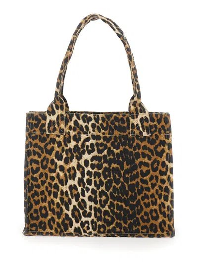 Ganni Brown Tote Bag With Graphic Print On The Front And All-over Leopard Motif In Cotton Woman In Animal Print