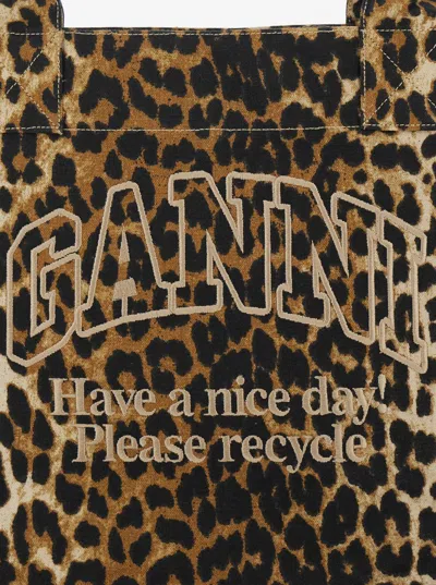 Ganni Brown Tote Bag With Graphic Print On The Front And All-over Leopard Motif In Cotton Woman In Animal Print