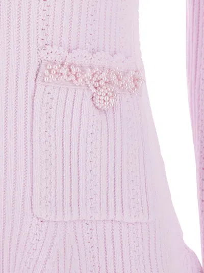 Self-portrait Mini Knitted Dress With Pink Pearl Trim In Pink