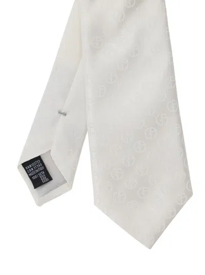 Giorgio Armani White Tie With All-over Tonal Logo In Silk Man In White