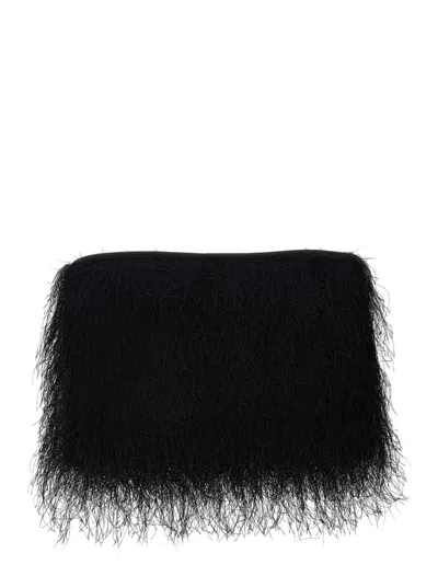 Loulou De Saison 'evano' Black Clutch With Fringed Design And Zip Closure In Fabric Woman In Black