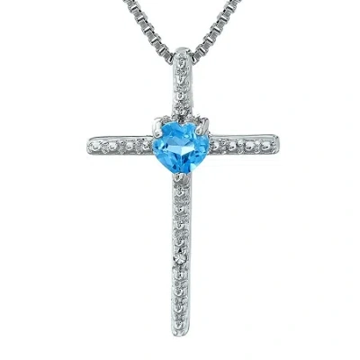 Fine Jewelry Genuine Blue Topaz And Diamond-accent Sterling Silver Cross And Heart Pendant Necklace In Silver