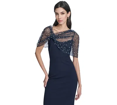 Eliza J Women's Spaghetti Strap Beaded Twist Overlay Gown In Blue