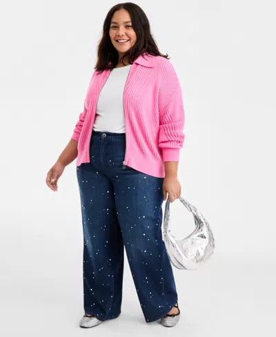 On 34th Trendy Plus Size Pointelle Zip-front Cardigan, Macy's Exclusive In Pink
