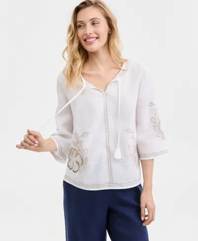 Charter Club Women's Embroidered 100% Linen Split-neck Tunic, Macy's Exclusive In White