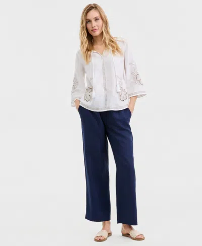 Charter Club Women's Embroidered 100% Linen Split-neck Tunic, Macy's Exclusive In White