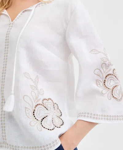 Charter Club Women's Embroidered 100% Linen Split-neck Tunic, Macy's Exclusive In White