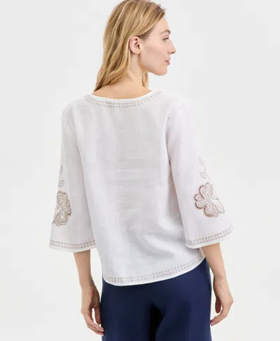 Charter Club Women's Embroidered 100% Linen Split-neck Tunic, Macy's Exclusive In White