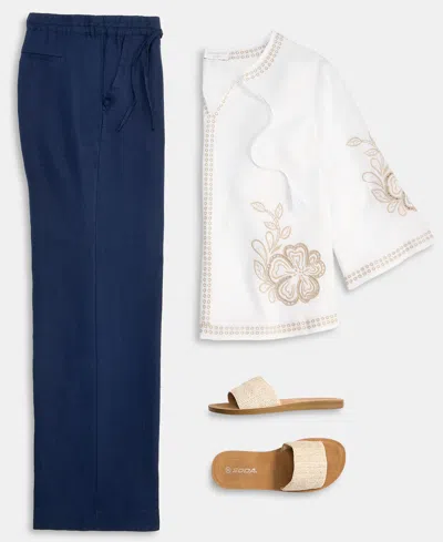 Charter Club Women's Embroidered 100% Linen Split-neck Tunic, Macy's Exclusive In White