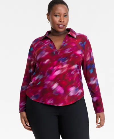 Inc International Concepts Plus Size Printed Collared Mesh Top, Macy's Exclusive In Multi