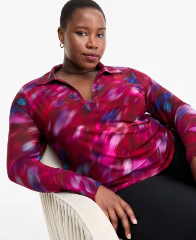 Inc International Concepts Plus Size Printed Collared Mesh Top, Macy's Exclusive In Multi