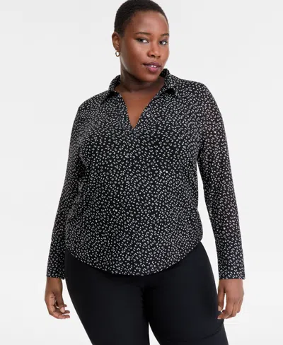 Inc International Concepts Plus Size Printed Collared Mesh Top, Macy's Exclusive In Black