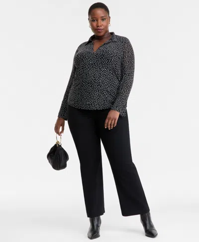 Inc International Concepts Plus Size Printed Collared Mesh Top, Macy's Exclusive In Black