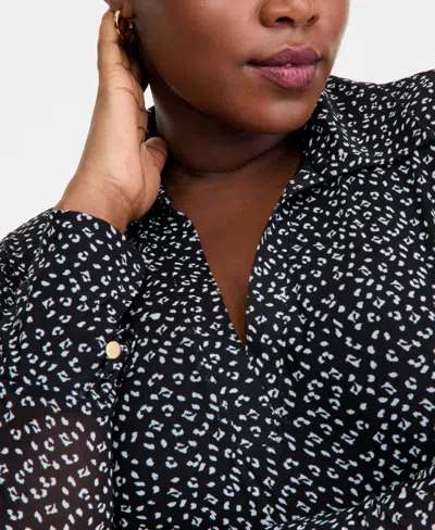 Inc International Concepts Plus Size Printed Collared Mesh Top, Macy's Exclusive In Black