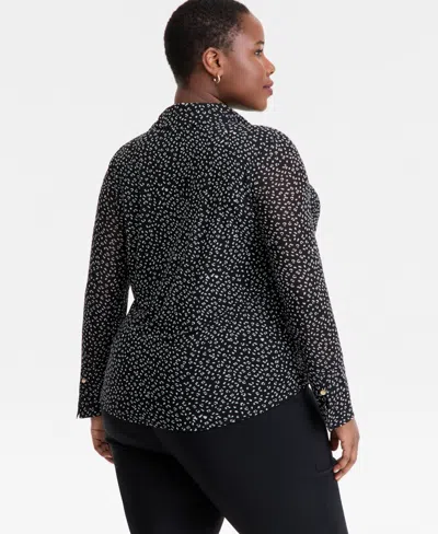 Inc International Concepts Plus Size Printed Collared Mesh Top, Macy's Exclusive In Black