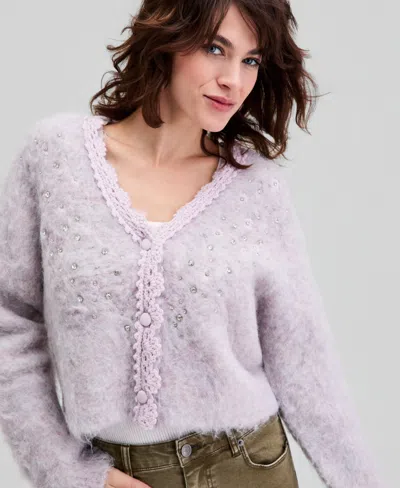 And Now This Women's Fuzzy Rhinestone-embellished Cardigan, Macy's Exclusive In Gray