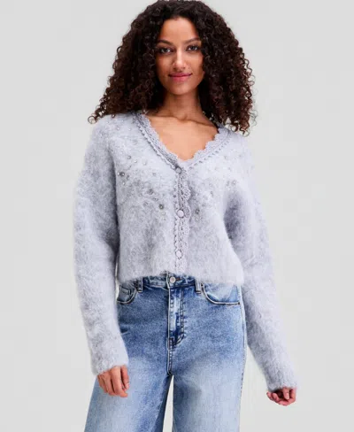 And Now This Women's Fuzzy Rhinestone-embellished Cardigan, Macy's Exclusive In Gray