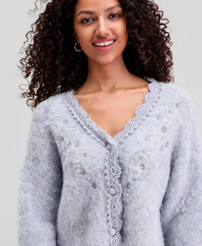 And Now This Women's Fuzzy Rhinestone-embellished Cardigan, Macy's Exclusive In Gray