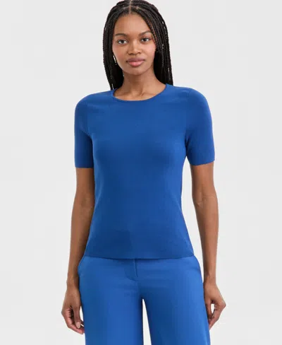 Tahari Asl Women's Fine-rib Crewneck Sweater T-shirt, Regular & Petite In Blue