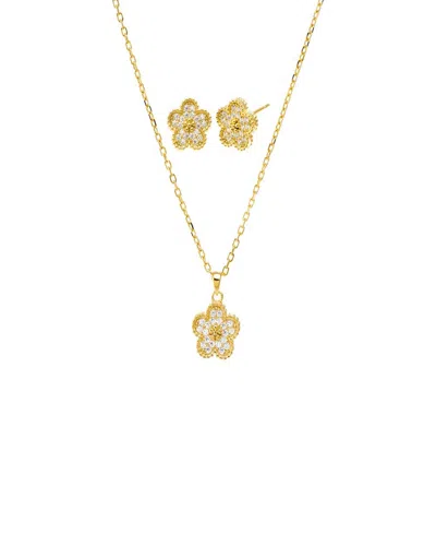 By Adina Eden Pave Flower Gold Plated Necklace Earring Combo Set In Brown