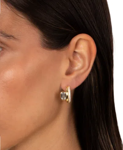 By Adina Eden Cubic Zirconia Gold Plated Gold Plated Emerald Bezel Double Row Huggie Earrings In Brown