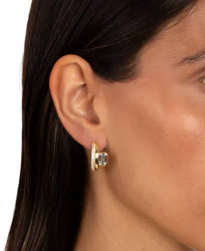 By Adina Eden Cubic Zirconia Gold Plated Gold Plated Emerald Bezel Double Row Huggie Earrings In Brown