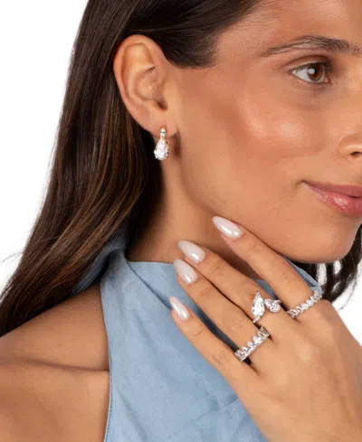 By Adina Eden Pave Graduated Rhodium Plated Double Teardrop Ring In Brown