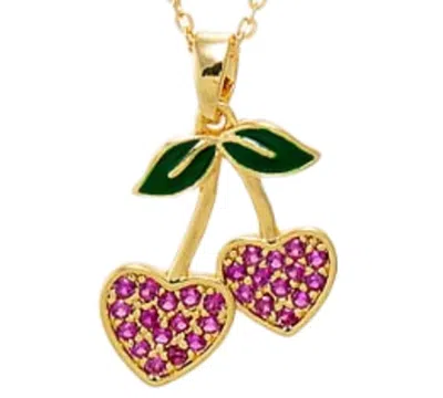 By Adina Eden Red Pave Cherry Hearts Pendant Necklace In Brown