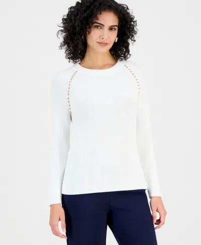 T Tahari Women's Studded Crewneck Sweater In White