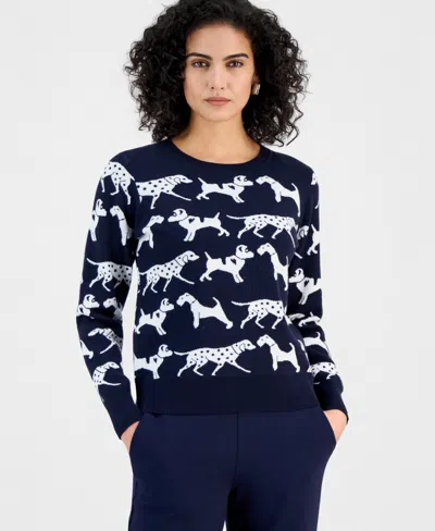 T Tahari Women's Dog Jacquard Crewneck Sweater In Blue
