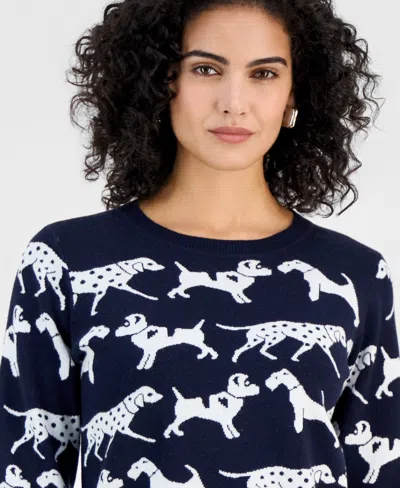 T Tahari Women's Dog Jacquard Crewneck Sweater In Blue