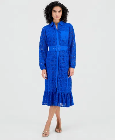 T Tahari Women's Cotton Belted Lace Midi Dress In Blue