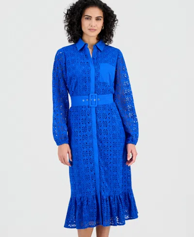 T Tahari Women's Cotton Belted Lace Midi Dress In Blue